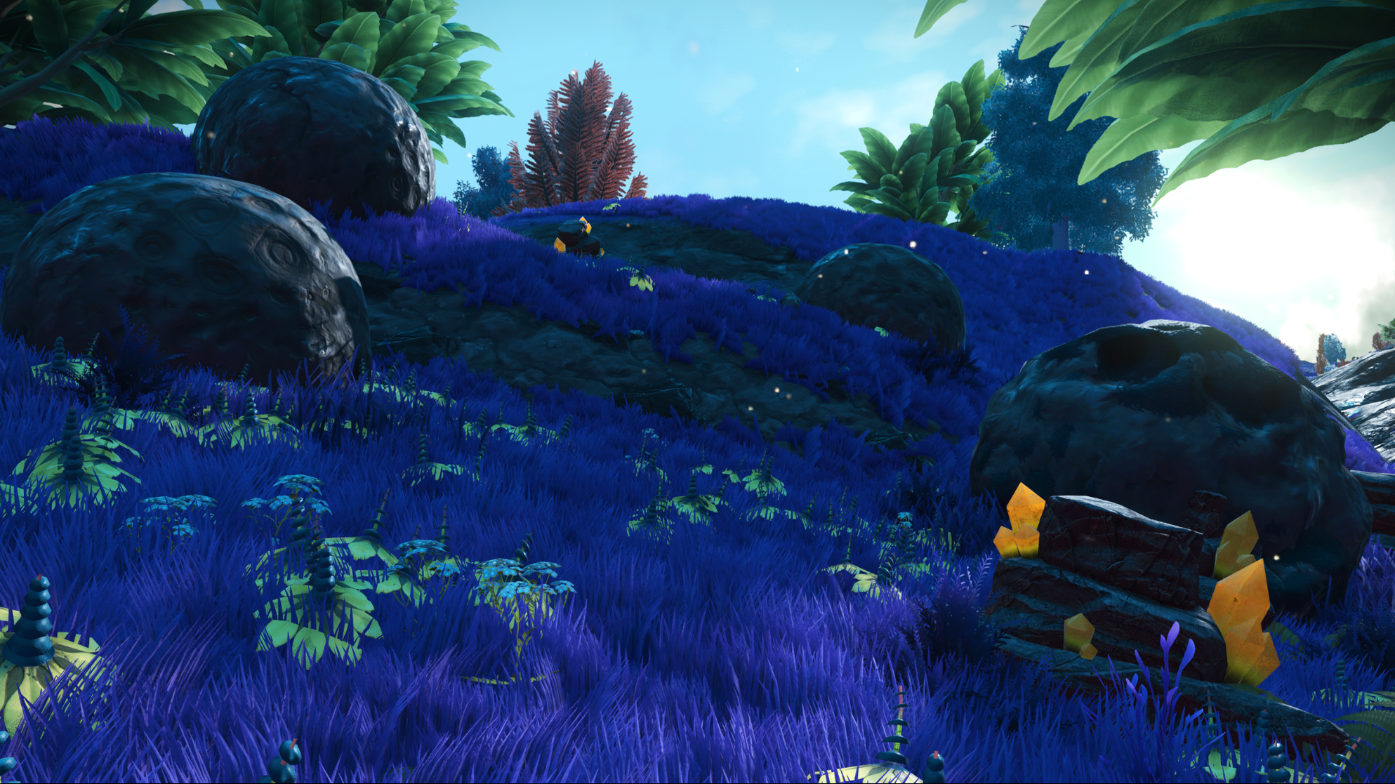 Mineral formations among violet ground cover at Serene Basin